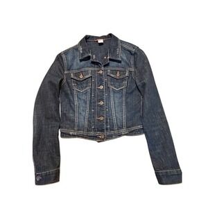 Unionbay Womens Dark Wash Distressed Cropped Denim Trucker‎ Jacket Stretch Small